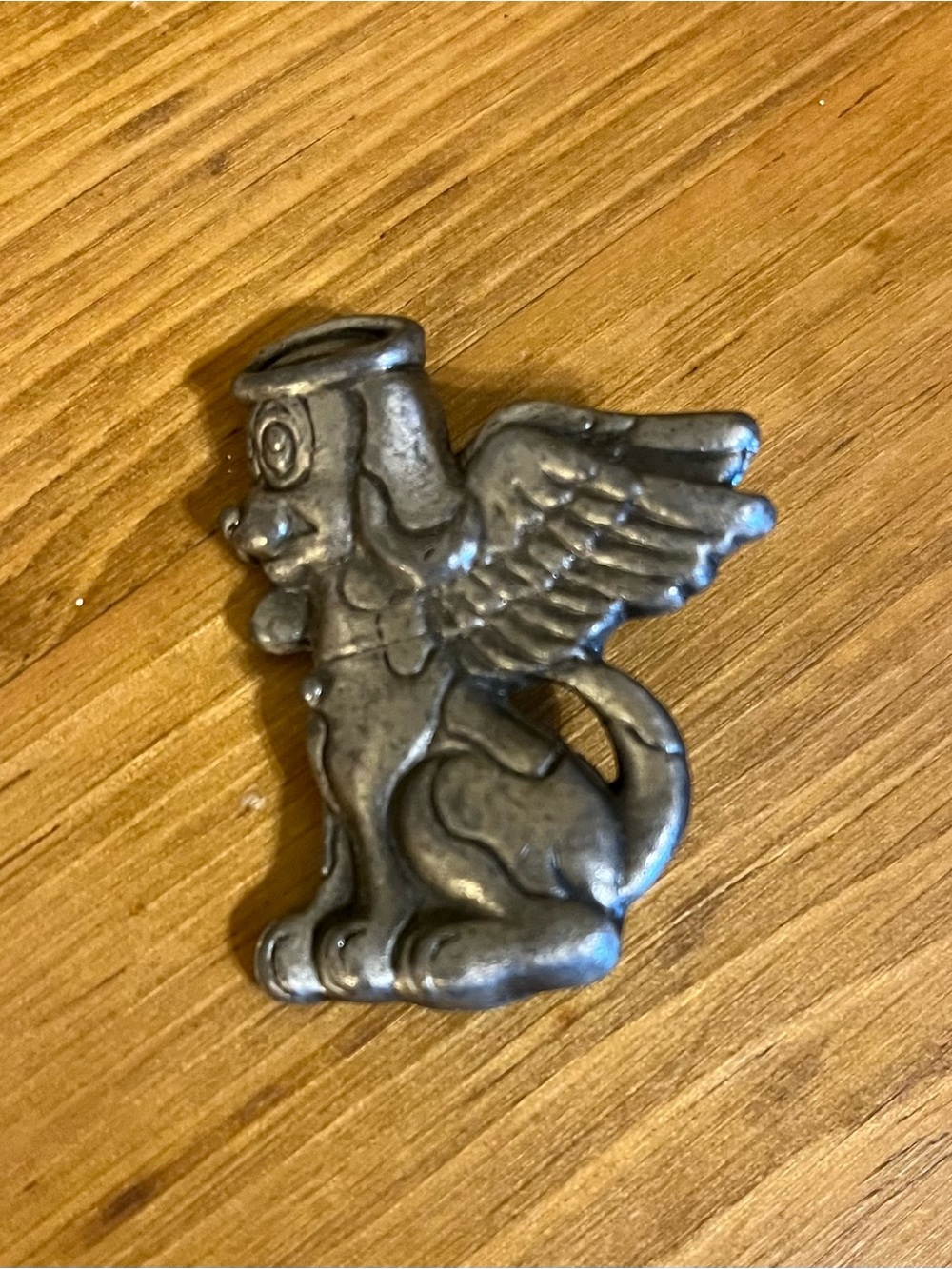 Wing Griffin Pewter brooch Vintage angel dog silver  halo rollover clasp 2 3/4”
